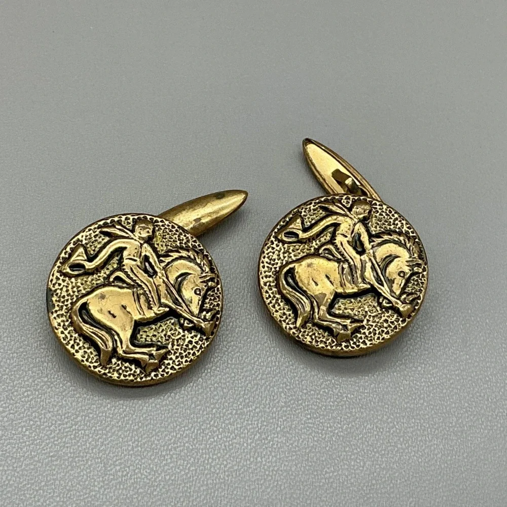 Vintage Horse Rider Equestrian Round Gold Tone Cufflinks Western Cowboy Rodeo